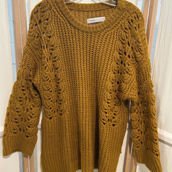 Anthropologie PILCRO Sz XS Devenne Pointelle Mustard Oversize Open Weave Sweater - Picture 1 of 7